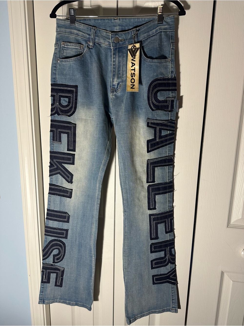 WATSON Light Blue Straight Jeans with Navy Patch Lettering
